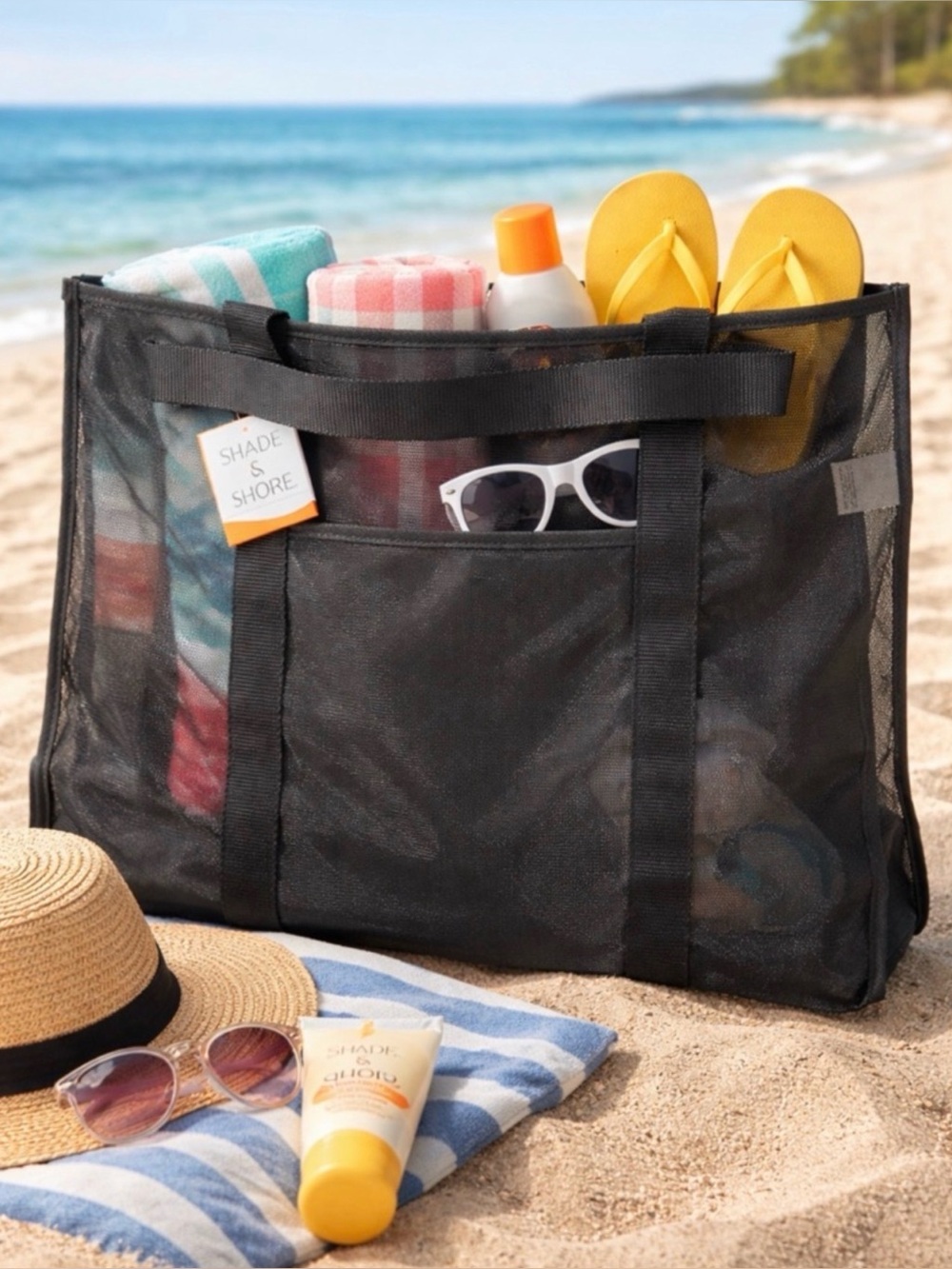 Shade & Shore Large Black Mesh Beach Bag/Grocery Bag x2